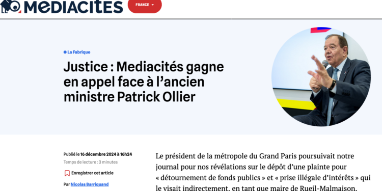 Patrick Ollier perd en appel face au journal Médiacités