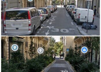 rue Pierre Haret, une des centaines de rues végétalisées et expurgées de ses places de stationnement de voitures à Paris